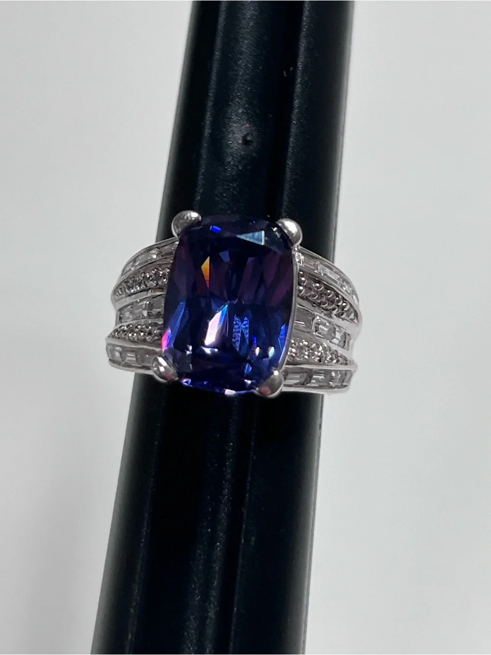 925 Sterling Silver Blue CZ Ring Cushion Cut Stone Set w/ Clear Accents Size 7